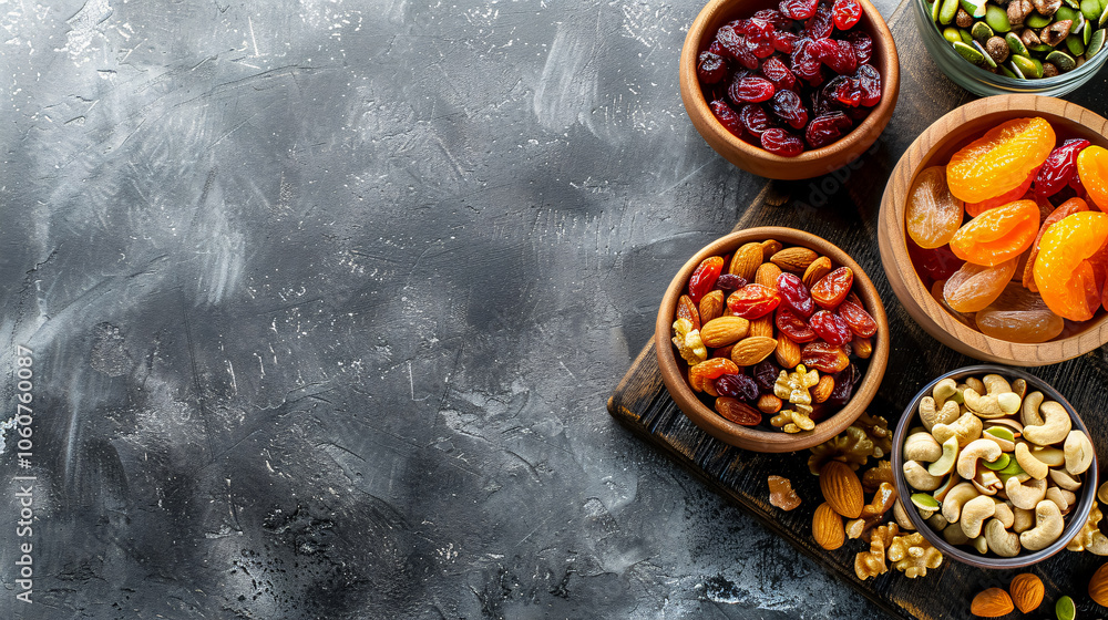 Dried Fruits and Nuts Board: A board with bowls of dried fruits and nuts on a gray background, ideal for healthy snack options. Dried Fruits and Nuts Board: A board with bowls of dried fruits and nuts on a gray background, ideal for healthy snack options.