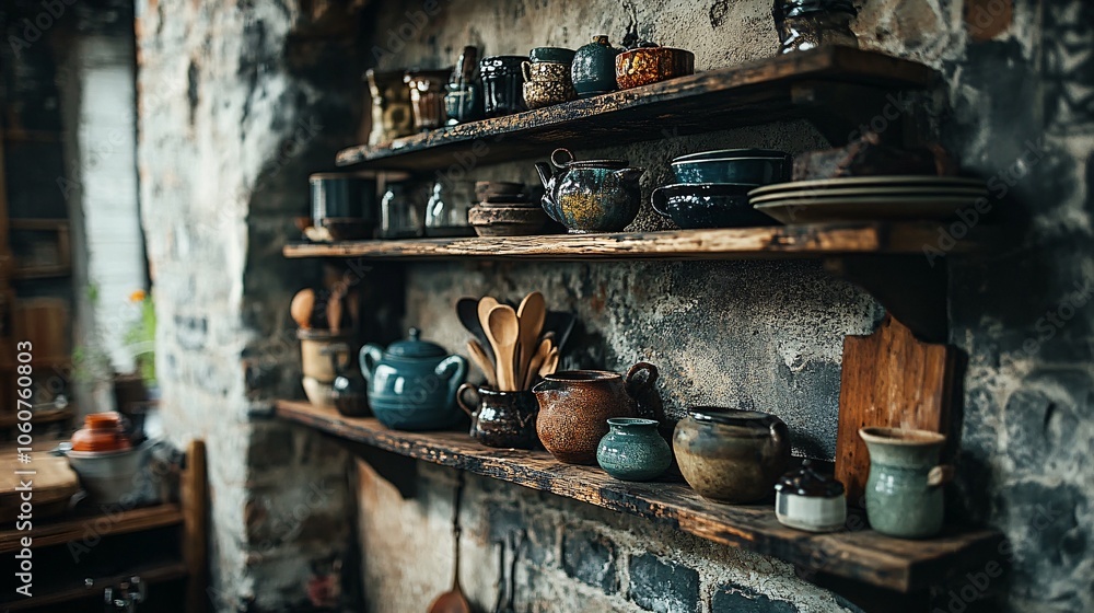 Explore the beauty of wabi-sabi style in an open wooden kitchen shelf filled with unique and rustic ceramics and utensils