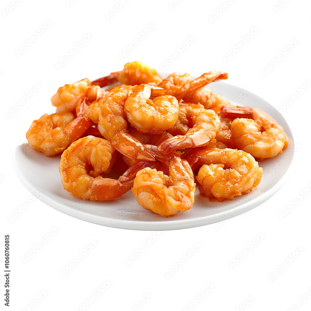 Delicious plate of cooked shrimp arranged on a white dish, set against a clear background, ideal for cooking and food-themed tasks Delicious plate of cooked shrimp arranged on a white dish, set against a clear background, ideal for cooking and food-themed tasks