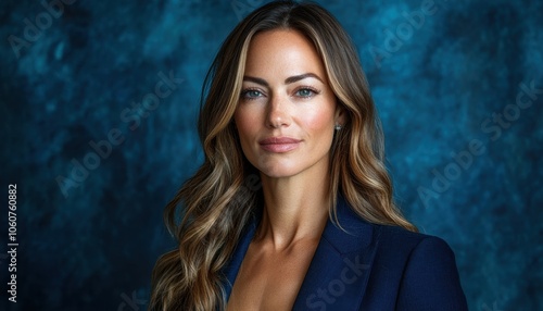 Businesswoman in a suit confidently looking forward in a professional setting