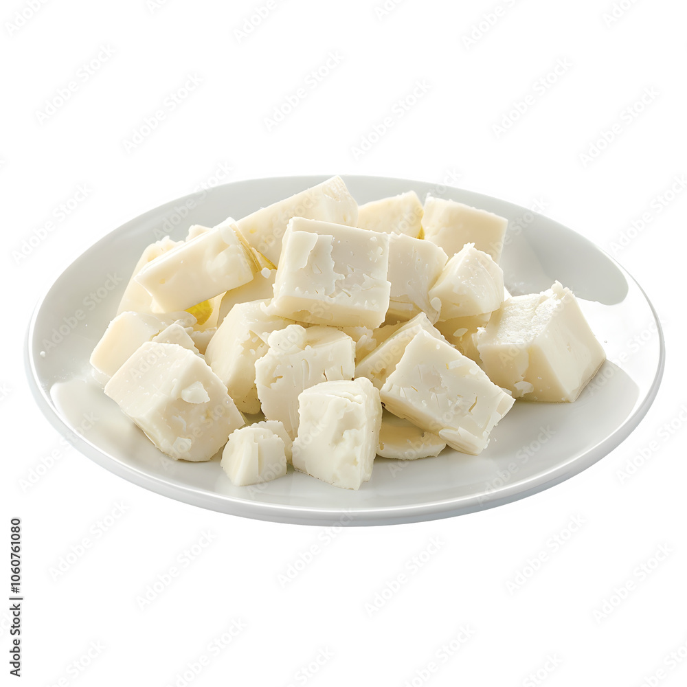 Plate of creamy white cheese cubes, ready for cooking, serving, and food creations Plate of creamy white cheese cubes, ready for cooking, serving, and food creations