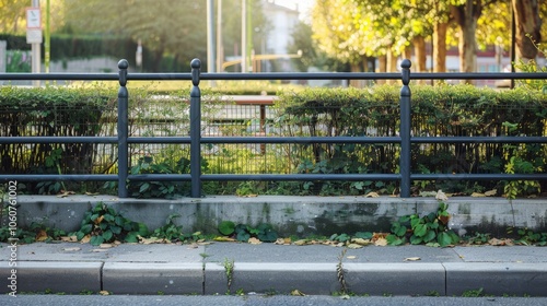 Residential curb with metal railing and plastic panel, sidewalk, street. Background for text.