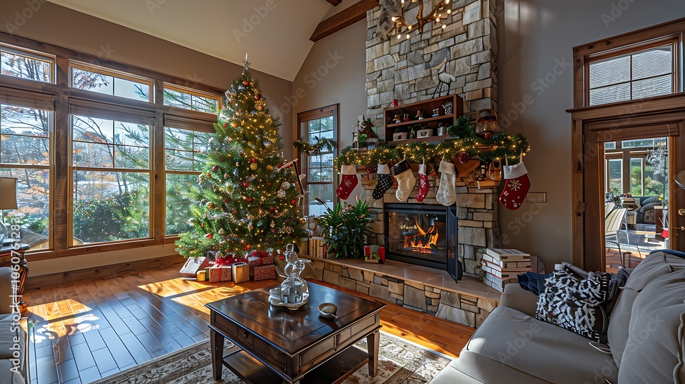A cozy living room with a crackling fireplace, adorned with stockings, and a beautifully decorated Christmas tree twinkling with lights and ornaments, creating a warm festive atmosphere. A cozy living room with a crackling fireplace, adorned with stockings, and a beautifully decorated Christmas tree twinkling with lights and ornaments, creating a warm festive atmosphere.