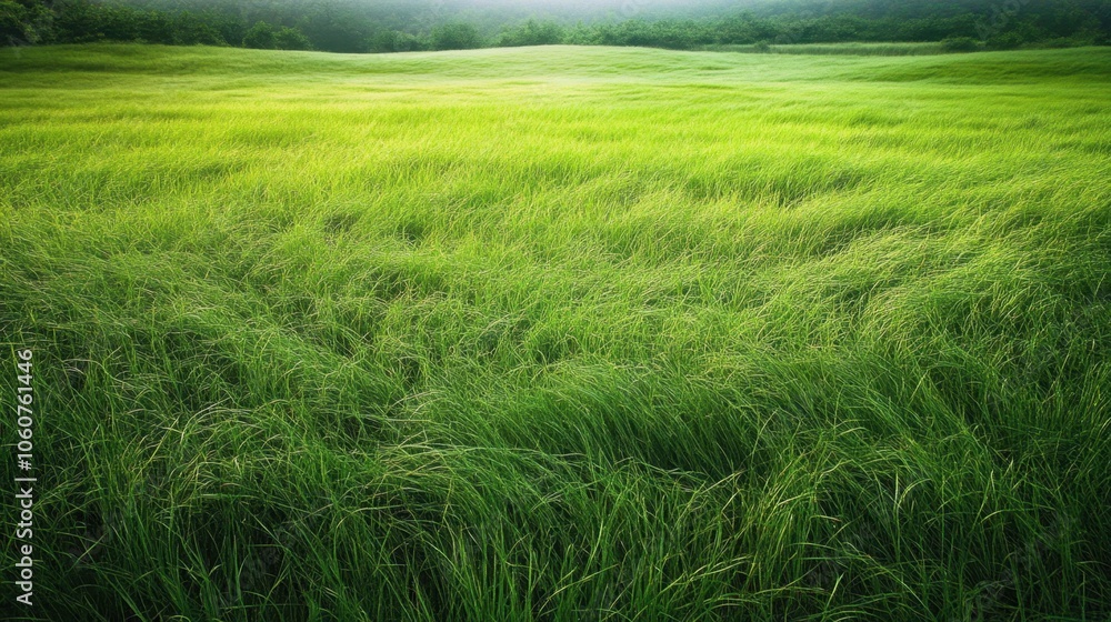 Serene Landscape of Expansive Green Meadow with Swaying Tall Grass in Gentle Breeze Serene Landscape of Expansive Green Meadow with Swaying Tall Grass in Gentle Breeze