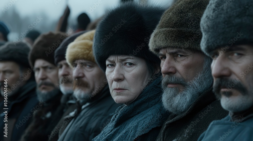 Obraz premium Close-up of four people in winter clothing, looking to the left.