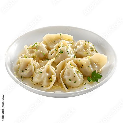 Bowl of delicious homemade dumplings swimming in a tasty broth, topped with fresh parsley for a beautiful food display