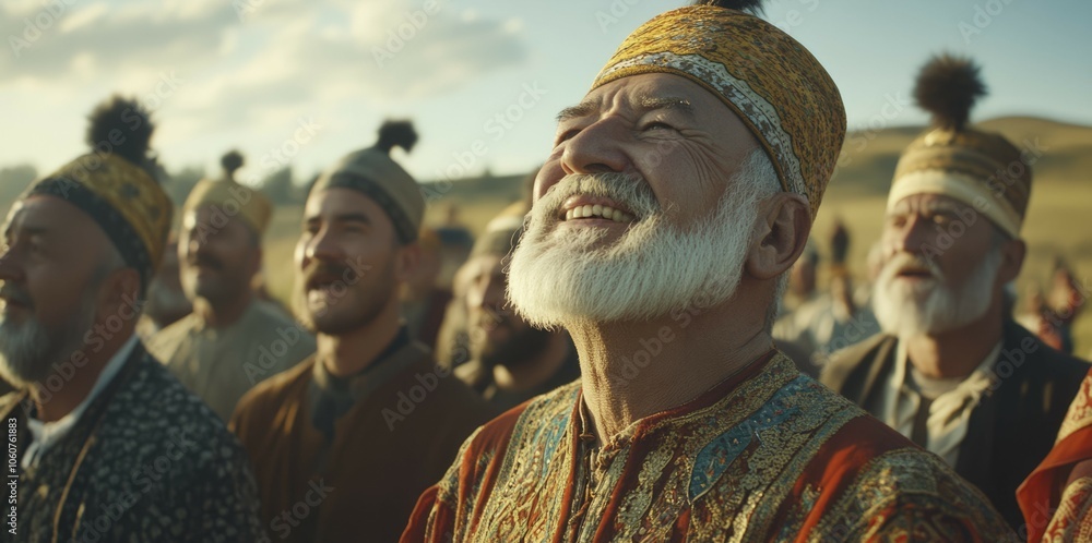 Fototapeta premium Elderly Man with White Beard and Traditional Headwear Looking Upwards