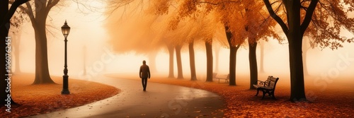 autumn park, foggy morning, lone figure walking, tree-lined path, golden light, fallen leaves, empty bench, serene atmosphere, misty landscape, warm colors, silhouette, peaceful, nostalgic mood, panor