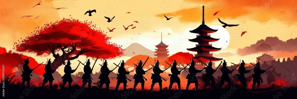 Obraz premium Japanese pagoda silhouette, red sunset sky, flying birds, forest treeline, dramatic landscape, oriental architecture, atmospheric scene, golden sun, black shadows, Asian-inspired artwork, vibrant colo