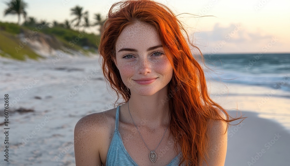 Joyful woman with red hair smiling and enjoying a sunny beach sunset moment Joyful woman with red hair smiling and enjoying a sunny beach sunset moment