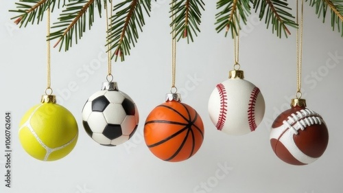 Sport-themed christmas ornaments hanging from evergreen branches