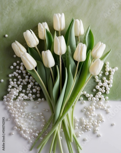 spring tulips surrounded by pearls on a soft green background. photo