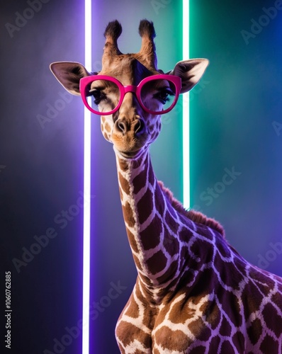 Giraffe with Sunglasses in Neon Light Ambiance. photo