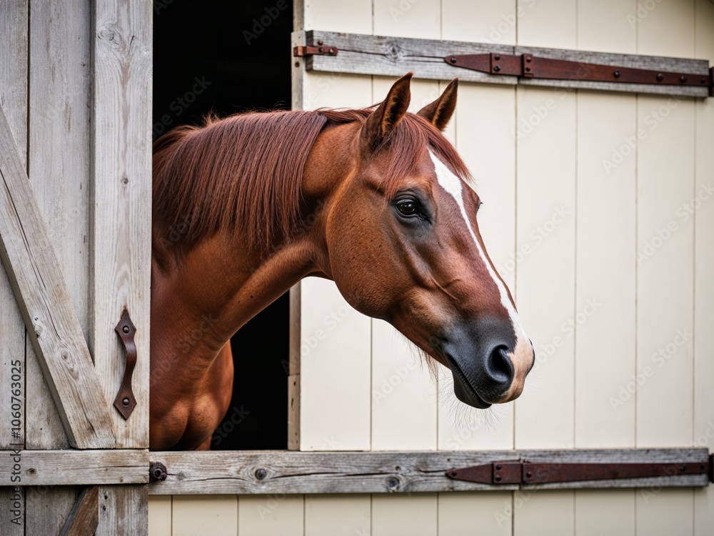 Fototapeta premium A horse sticking its head out of a barn doorway.