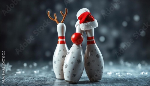 Festive bowling pins with christmas hat and reindeer antlers against snowy background