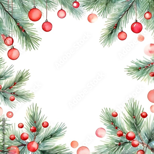 Christmas tree branches with red lights watercolor frame on white background