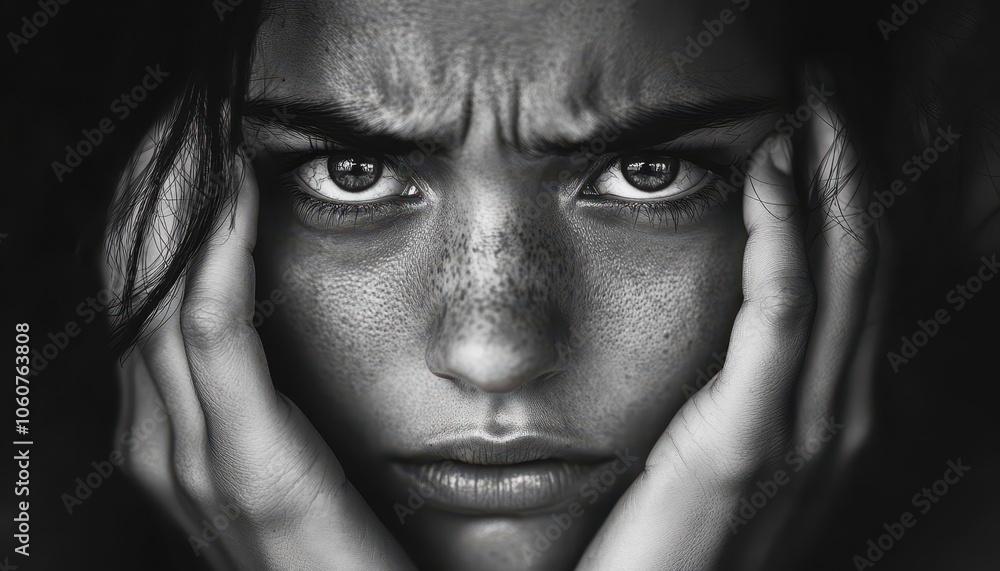 Emotional black and white portrait of a crying woman expressing deep chaos Emotional black and white portrait of a crying woman expressing deep chaos