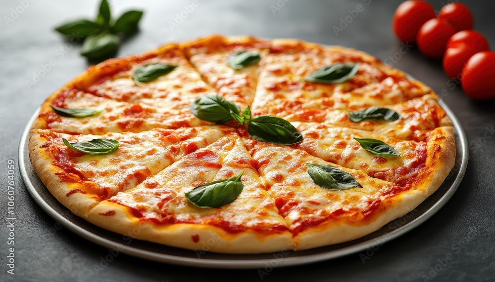 Authentic Italian pizza margherita topped with mozzarella and fresh basil leaves Authentic Italian pizza margherita topped with mozzarella and fresh basil leaves