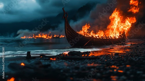 A dramatic scene shows a Viking ship ablaze on sandy shores under a dark, stormy sky, enhancing the tension