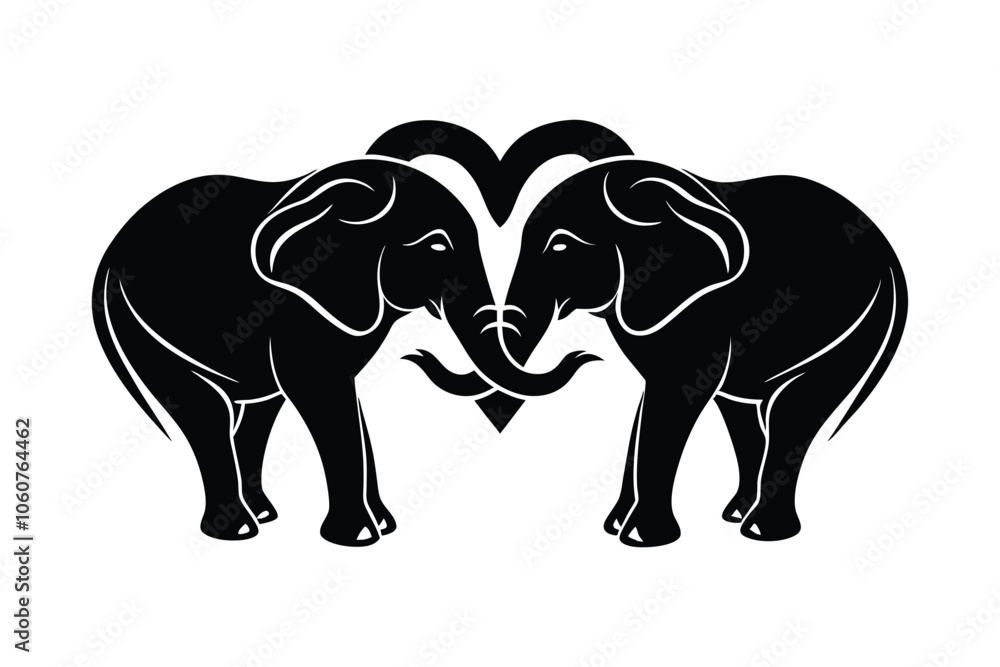 Obraz premium Adorable Valentine Elephant Couple with Heart - Cute Romantic Wildlife Illustration for Decor, Cards & Holiday Art
