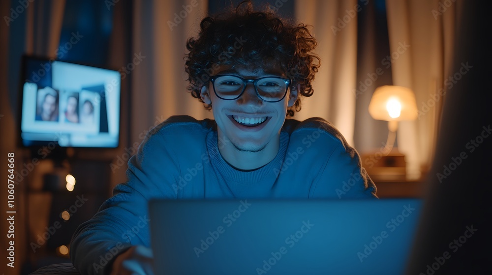 A happy man with glasses is sitting at his laptop in the evening, smiling and looking into the camera A happy man with glasses is sitting at his laptop in the evening, smiling and looking into the camera