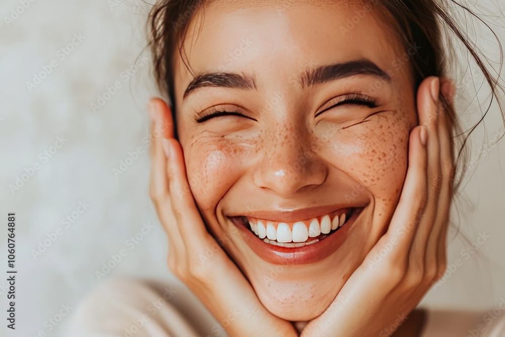 Joyful woman smiling widely with hands on her face, bright expression, natural light Joyful woman smiling widely with hands on her face, bright expression, natural light