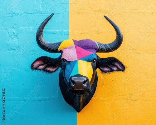 Mural of a Thai buffalo in a stylized and contemporary graffiti style photo