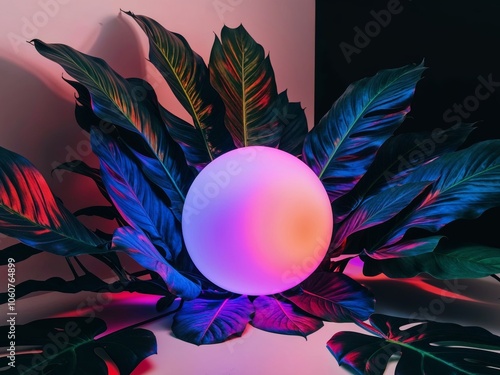 Glowing sphere surrounded by tropical leaves in neon light. photo