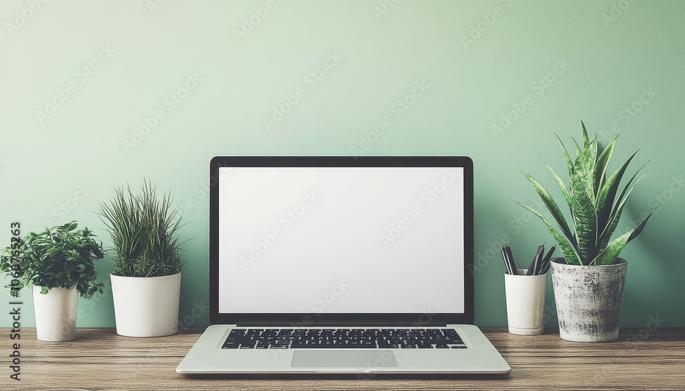 Blank laptop screen on a home office desk with indoor plants and stationery Blank laptop screen on a home office desk with indoor plants and stationery