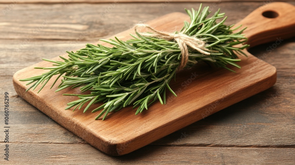 Fresh Rosemary Sprigs on Wooden Cutting Board Fresh Rosemary Sprigs on Wooden Cutting Board