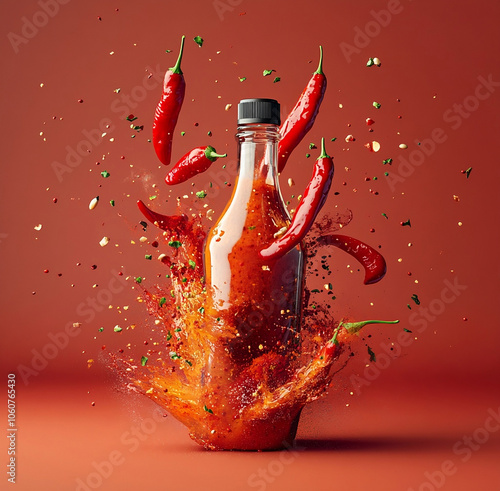 Hot Sauce Bottle Splash with red Chillis