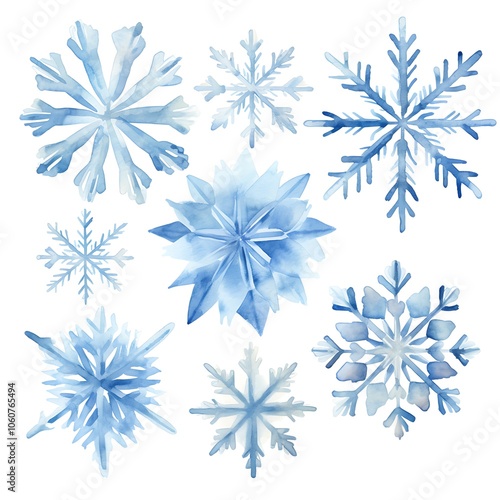 Watercolor Snowflakes Collection - Intricate Blue Winter Designs on White Background for Seasonal and Holiday Themes