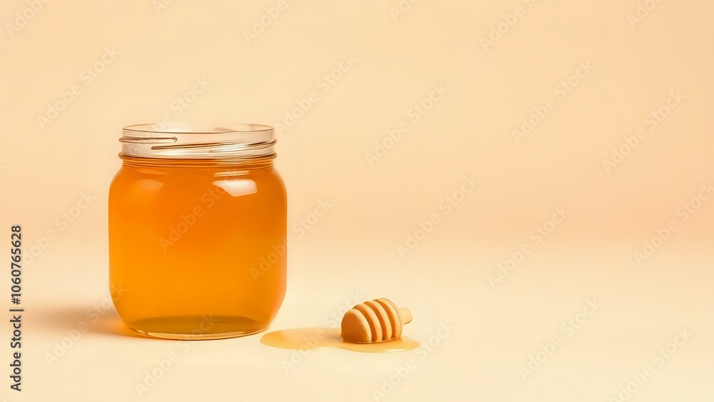 Honey Jar with Dipper on Beige Background Honey Jar with Dipper on Beige Background