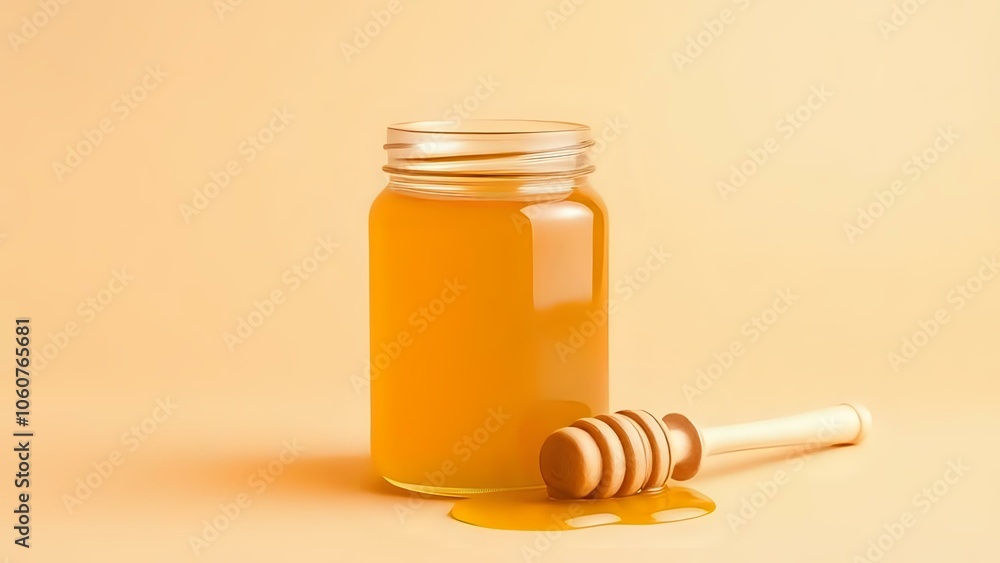 Honey Jar with Dipper on Beige Background Honey Jar with Dipper on Beige Background
