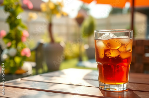 cold iced tee juice on a sunny day outside in the garden 