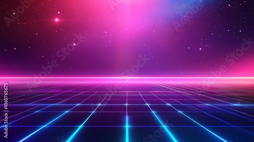 Futuristic Neon Grid Landscape with Vibrant Pink and Purple Sky in Retro 80s Style Digital Art