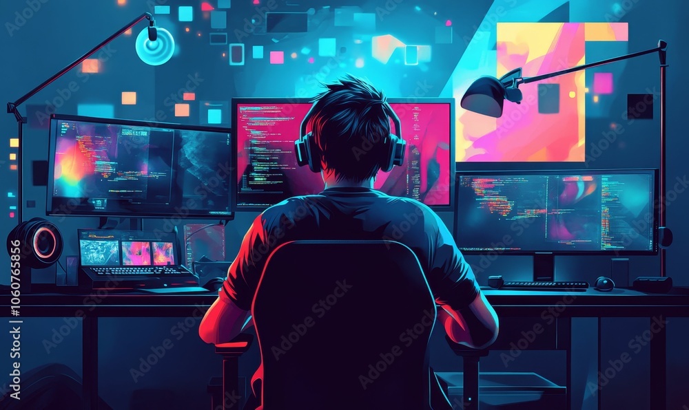 Obraz premium Man coding at night in a colorful room.