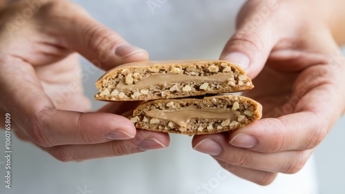 Hand Holding Gooey Peanut Butter and Graham Cracker Sandwich