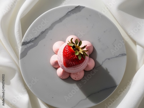 Top view composition with yummy sweet pink strawberry dessert served on gray marble table.
