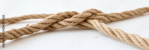 Thick brown rope, nautical hemp cord, twisted fibers, macro texture, natural jute twine, rustic craft material, beige background, close-up photography, coiled rope detail, organic material, maritime t