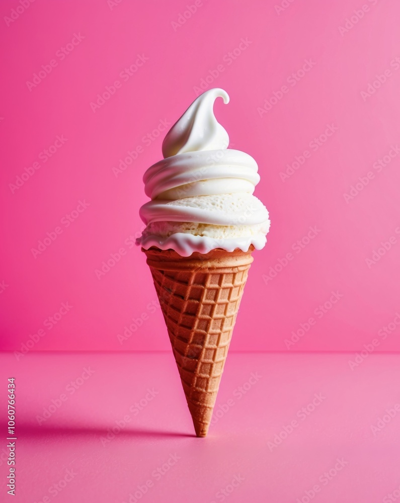 Soft serve ice cream on waffle cone with pink background. Soft serve ice cream on waffle cone with pink background.