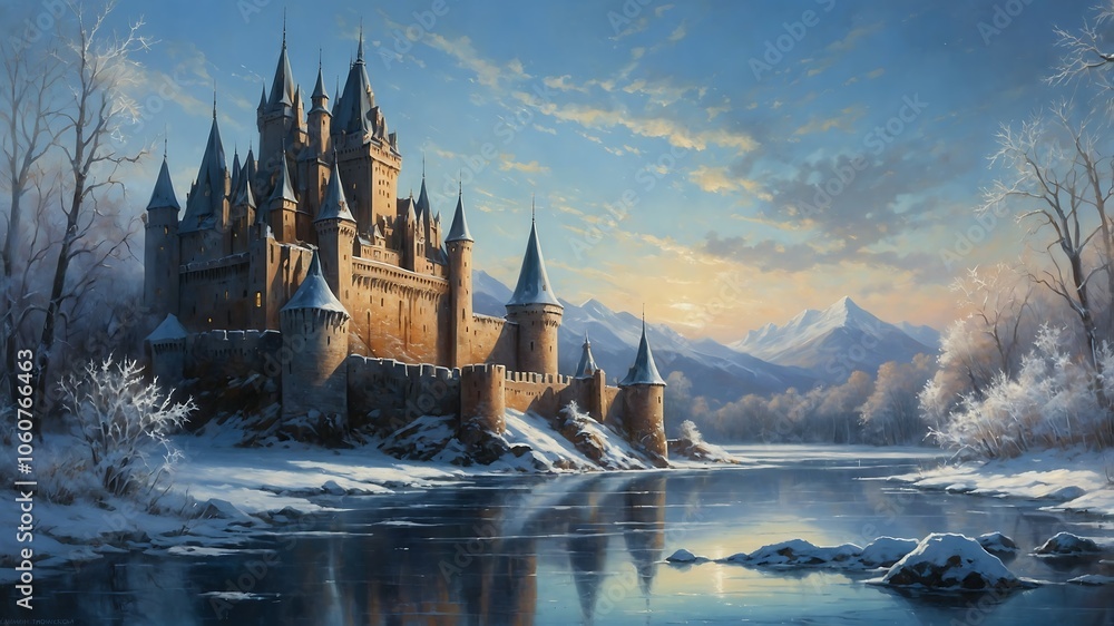 Castle by Frozen Winter River