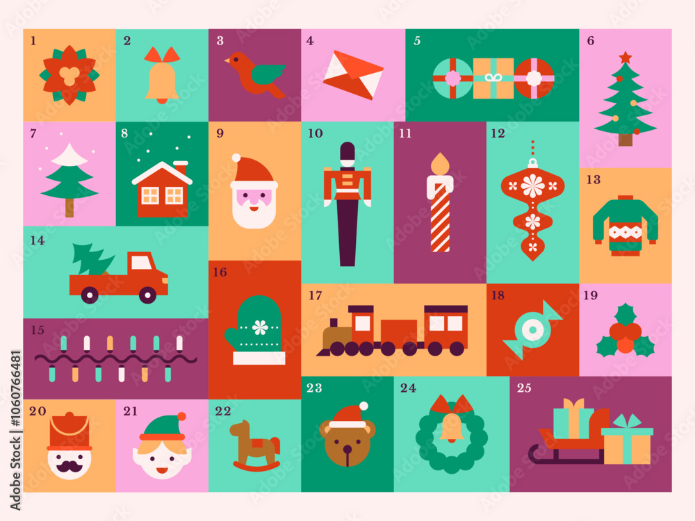 Vibrant Christmas Advent Calendar with Flat Holiday Icons Vibrant Christmas Advent Calendar with Flat Holiday Icons