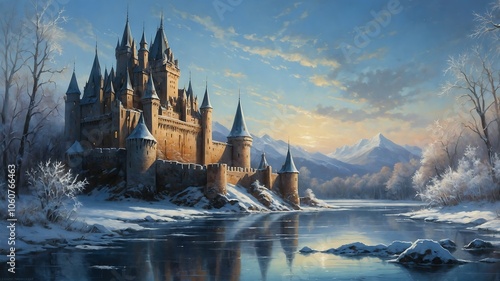 Obraz na płótnie Castle by Frozen Winter River w salonie