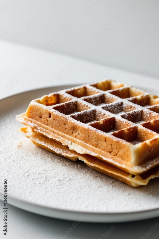 freshly baked golden waffles with powdered sugar topping close up. freshly baked golden waffles with powdered sugar topping close up.