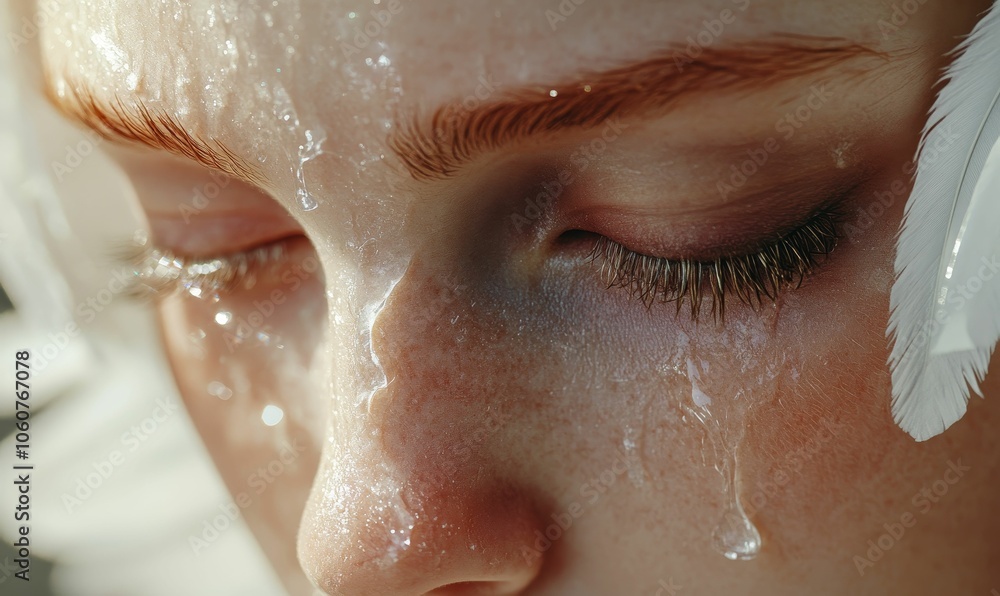 Close-up of a woman's face with water droplets and a Close-up of a woman's face with water droplets and a