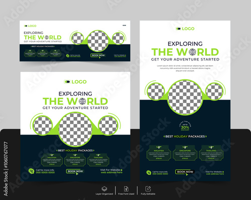 Travel social media and adventure tour holiday tourism marketing promotion advertising cover and story post banner design template set.