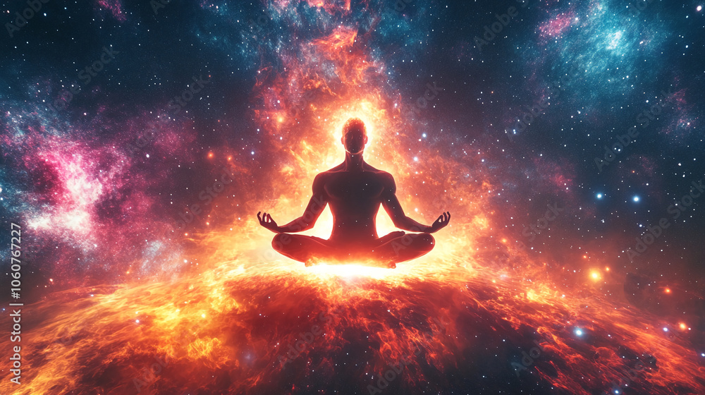 A figure sits in a meditative pose, engulfed in flames, against a backdrop of stars and galaxies A figure sits in a meditative pose, engulfed in flames, against a backdrop of stars and galaxies