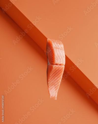 sliced salmon fillet levitating on orange background. photo