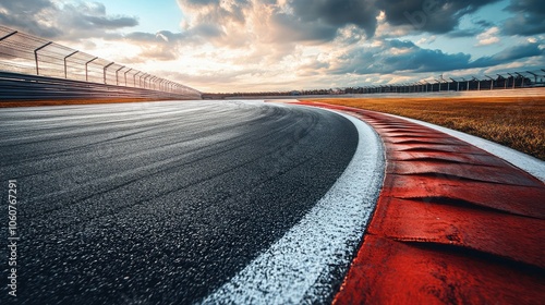 Asphalt Race Track with Dynamic Infrastructure in Motion, Ideal for Speed, Racing, and Motorsport Themes, High-Quality Image Capturing the Energy of a Racing Environment for Microstock Use photo